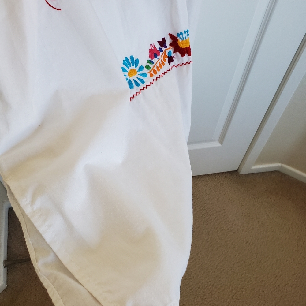 Vintage Mexican Colorful Rainbow Flower Embroider White Cotton Maxi House Dress - Picture 12 of 16